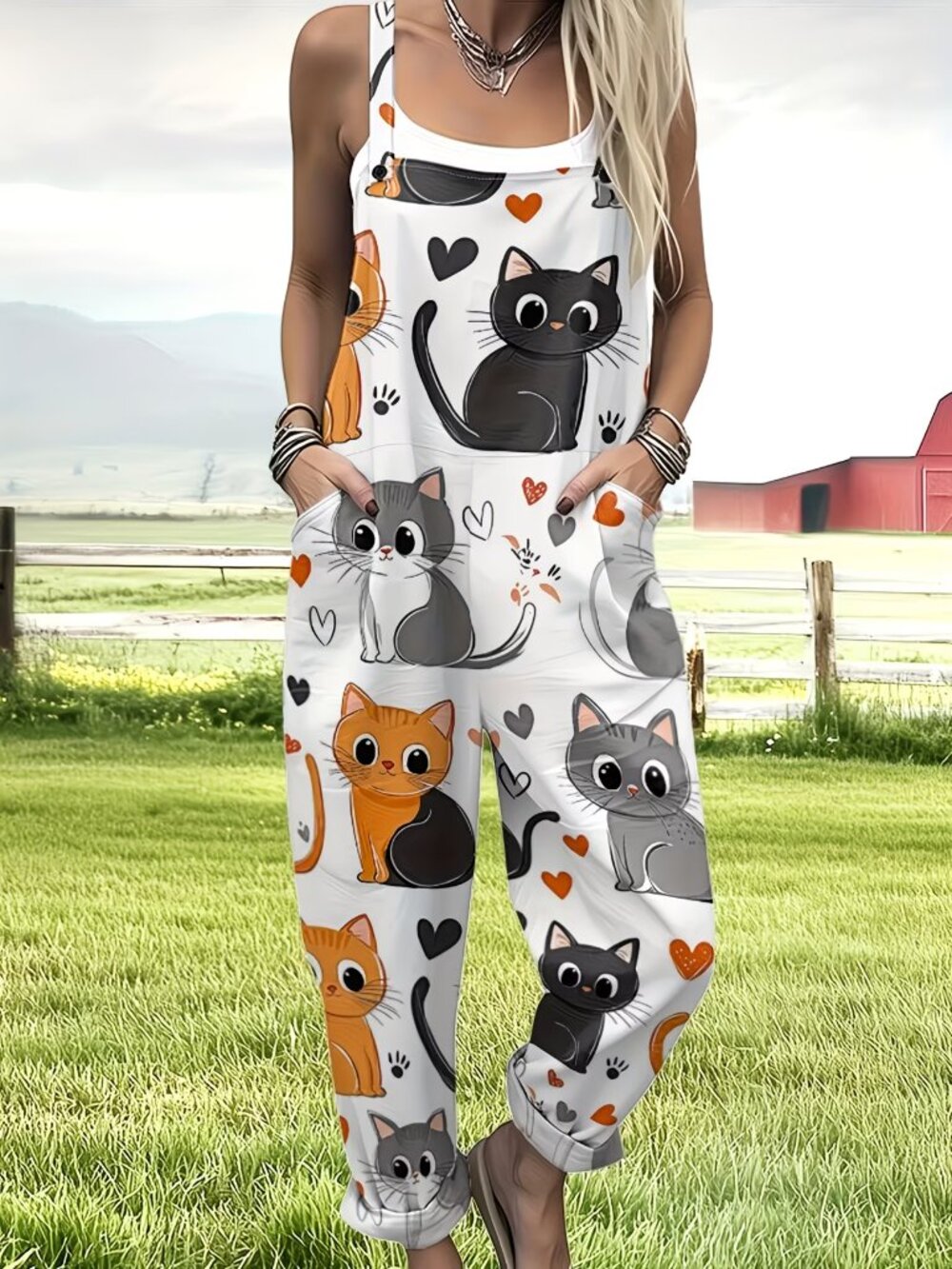 Women's Cat Print Overalls; size small
